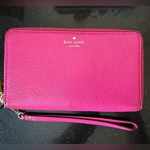 Kate Spade Pebbled Leather Double Zip Wallet w/ Wristlet - Fuchsia Pink